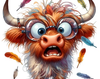 12 PNG Funny Highland Cow, Nerdy With Glasses, Feathers Calf