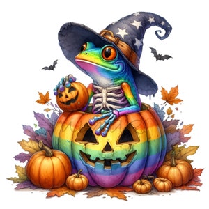 15 Halloween Frog Clipart PNG, Rana arcobaleno in zucca con cappello da strega, Scheletro di rana spettrale, Arte digitale di Halloween