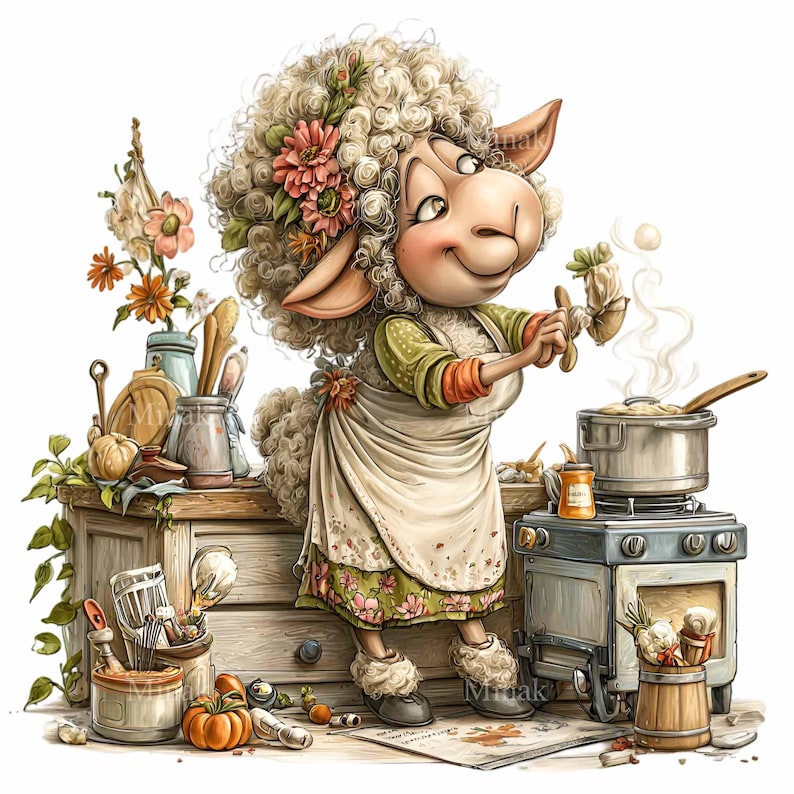 Sheep Cook 15 PNG Cooking Sheep Watercolor Farmhouse Kitchen Clipart - Etsy