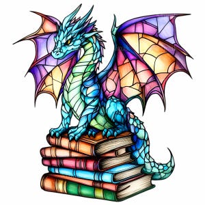 Puede incluir: Un dragón azul y verde con alas de vitral se sienta en la parte superior de una pila de libros coloridos. El dragón tiene un ojo amarillo y una cola larga.