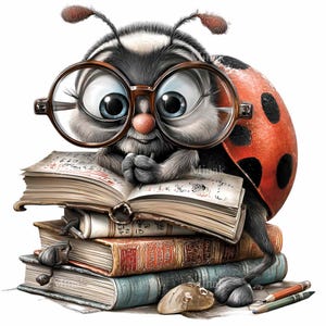May include: A whimsical illustration of a ladybug wearing large round glasses, perched atop a stack of books. The ladybug has a red shell with black spots and is surrounded by pencils and small stones. The books are open, displaying handwritten notes.