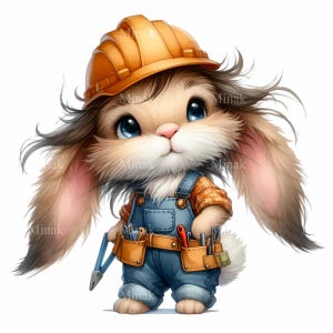 Handy Bunny Builder en salopette avec un casque de protection PNG Clipart - 12 Art mignon lapin de construction - Illustration de travailleur des bois