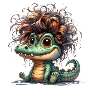 12 immagini PNG di coccodrillo con capelli spettinati – Clipart di coccodrillo carino con capelli ricci selvaggi – Arte animale divertente per la cameretta dei bambini, stampa a sublimazione e decorazioni