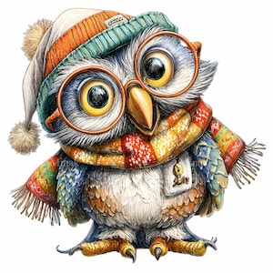 May include: A whimsical illustration of an owl wearing a knit hat, glasses, and a scarf. The owl has large, expressive eyes and is adorned in warm colors like orange, yellow, and blue. The owl's attire includes a hat with a pom-pom and a colorful scarf.