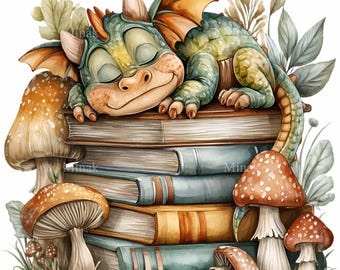 10 Sleeping Dragon On Books Png, Mushroom Forest Baby Dino Reading Stack Clipart