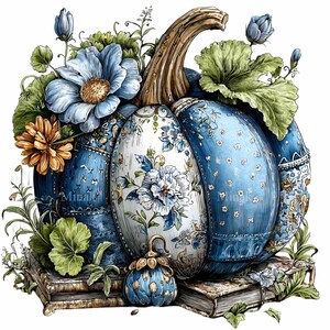 Puede incluir: Ilustraci&oacute;n en acuarela de una calabaza floral azul y blanca con un tallo marr&oacute;n, rodeada de flores azules, hojas verdes y una calabaza peque&ntilde;a. La calabaza est&aacute; sobre una pila de libros.