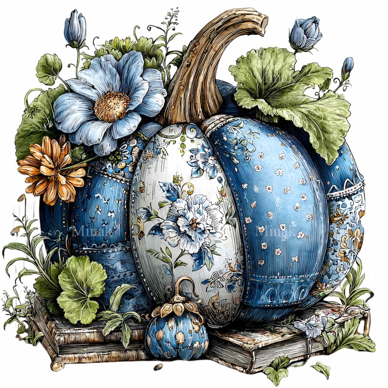 Puede incluir: Ilustraci&oacute;n en acuarela de una calabaza floral azul y blanca con un tallo marr&oacute;n, rodeada de flores azules, hojas verdes y una calabaza peque&ntilde;a. La calabaza est&aacute; sobre una pila de libros.