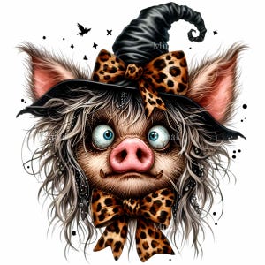 Può includere: Un maiale di cartone animato che indossa un cappello da strega nero con un fiocco a stampa leopardata. Il maiale ha gli occhi azzurri e un muso rosa. Lo sfondo è bianco con punti neri.