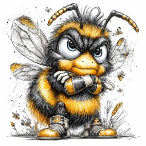 May include: A cartoon illustration of an angry bee with black and yellow stripes, blue eyes, and crossed arms. The bee is wearing yellow sneakers and has wings. Small bees and grass are in the background.