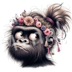 12 imágenes PNG de gorilas divertidas: un mono adorable con moño desordenado y corona floral, una peculiar cara de animal de dibujos animados para diseños de sublimación y manualidades.