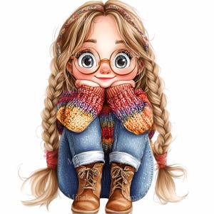 12 cliparts PNG adorable fille - mignons cheveux tressés, lunettes, pull en tricot et bottes illustration numérique