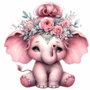 16 Carino Elefante Rosa PNG Clipart – Elefante Bambino dagli Occhi Grandi con Corona di Fiori e Ciuffo Superiore – Adorabile Animale da Scaricare