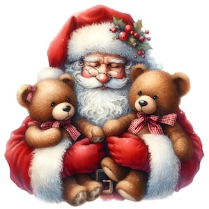 15 Clipart de Papai Noel PNG – Papai Noel Alegre Segurando Dois Ursos Fofos com Laços, Luvas Vermelhas, Azevinhos e Alegria de Natal