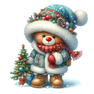 15 PNG clipart di orso natalizio - PNG per le vacanze invernali - Graziosa arte di animali da regalo per biglietti per bambini, decorazioni festive, fogli di adesivi e lavoretti