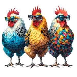 Kleurrijke Rooster Trio PNG-clipart met zonnebril, 15 levendige veren en leuke ontwerpen - perfect voor ambachtelijke projecten