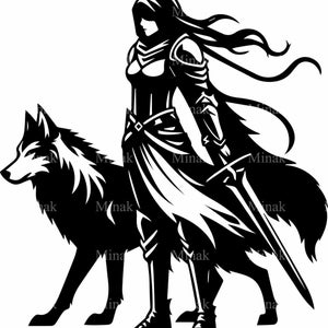 Archivo de corte SVG de 5 imágenes de mujer guerrera lobo, clipart de dama con espada de fantasía para Cricut, diseño de silueta de animal medieval