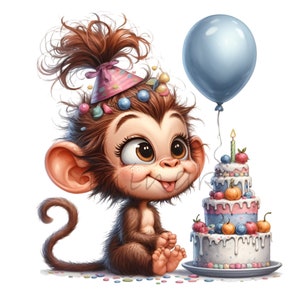 15 clipart verjaardag aap verjaardag – Leuke png-illustratie – Feestdierenkunst voor kinderdecor, taarttoppers, uitnodigingen, junglethema's