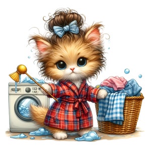 10 Clipart PNG chat drôle - mignon chaton duveteux, faire la lessive dans une robe à carreaux - téléchargement numérique pour sublimation