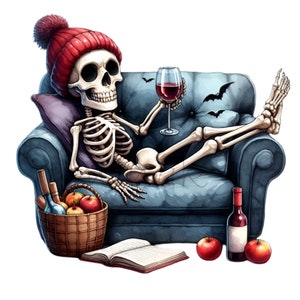 14 Clipart squelette de vin PNG - Squelette de se prélasser d'Halloween PNG - Squelette d'automne effrayant drôle sur le canapé art numérique