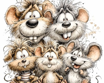 11 imágenes PNG divertidas de una familia de ratones, imágenes prediseñadas de grupos de roedores para sublimación