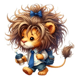 15 PNG clipart de león con cabello desordenado – Lindo león PNG – Divertido arte de café animal para regalos de maestros, impresiones matutinas, decoración escolar o agendas