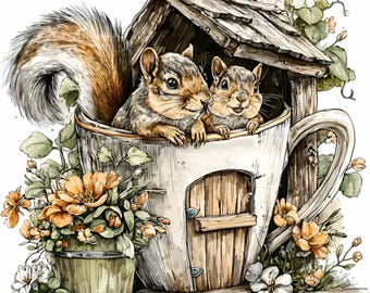 10 PNG tekopp ekorre hus blomkruka trädgård stuga Clipart
