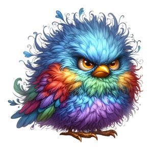 15 imágenes prediseñadas de pájaros arcoíris coloridos, imágenes prediseñadas de pájaros con plumas vibrantes, arte de fantasía para diseño digital, imágenes prediseñadas de pájaros brillantes y divertidos