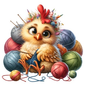 May include: A cute yellow chick with a red comb sits surrounded by colorful yarn balls, knitting a blue scarf. The chick has large, expressive eyes and is wearing a crown of yarn and feathers.