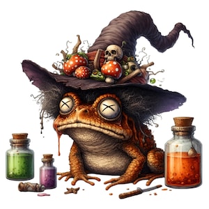 Puede incluir: Una rana de dibujos animados con un sombrero de bruja con una calavera y setas. La rana sostiene un vial de líquido verde y un vial de líquido rosa. Hay tres viales de líquido en la mesa, uno verde, uno rosa y uno naranja.