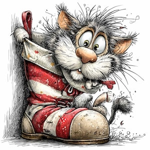 Peut inclure: Illustration d'un chat surpris dans une botte à rayures rouges et blanches. Le chat a de grands yeux, un nez rose et un pelage gris et blanc. La botte est usée et possède une tirette rouge.