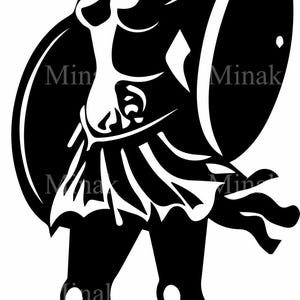 7 archivos SVG de dama guerrera griega - Gladiadora feroz con casco emplumado y escudos dobles - Descarga digital para Cricut y láser