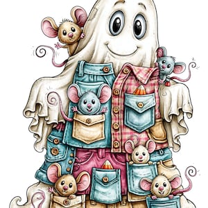 Puede incluir: Un personaje de fantasma blanco cubierto por un mosaico de bolsillos de tela vaquera y a cuadros, con seis pequeños ratones de dibujos animados asomándose desde los bolsillos y alrededor del fantasma, junto a varios dulces de maíz.