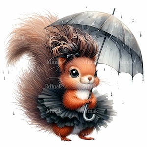 14 Ardilla PNG Clipart / Adorable ardilla con paraguas bajo la lluvia / Arte digital caprichoso del bosque