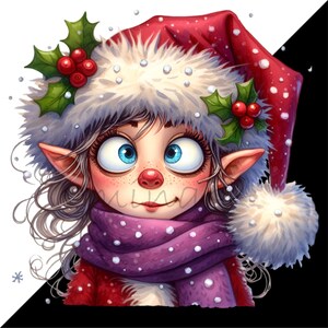 Puede incluir: Un elfo fantasioso con grandes ojos azules, que lleva un gorro de Pap&aacute; Noel rojo y blanco con una rama de acebo, una bufanda morada y una chaqueta roja. Los copos de nieve caen alrededor del elfo.