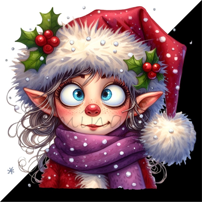 Puede incluir: Un elfo fantasioso con grandes ojos azules, que lleva un gorro de Pap&aacute; Noel rojo y blanco con una rama de acebo, una bufanda morada y una chaqueta roja. Los copos de nieve caen alrededor del elfo.