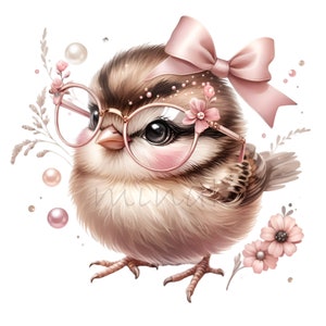 Puede incluir: Un lindo gorri&oacute;n de dibujos animados con gafas de montura rosa y un lazo rosa. El gorri&oacute;n tiene plumas marrones y un rubor rosa en las mejillas. El gorri&oacute;n est&aacute; rodeado de flores rosas y perlas blancas.