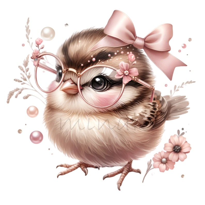 Puede incluir: Un lindo gorri&oacute;n de dibujos animados con gafas de montura rosa y un lazo rosa. El gorri&oacute;n tiene plumas marrones y un rubor rosa en las mejillas. El gorri&oacute;n est&aacute; rodeado de flores rosas y perlas blancas.
