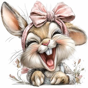 Puede incluir: Ilustraci&oacute;n caprichosa de un conejo riendo, con un lazo y una diadema rosas. El conejo tiene pelaje marr&oacute;n y blanco, largas pesta&ntilde;as y viste un atuendo gris y blanco. Acentos florales rodean al conejo.