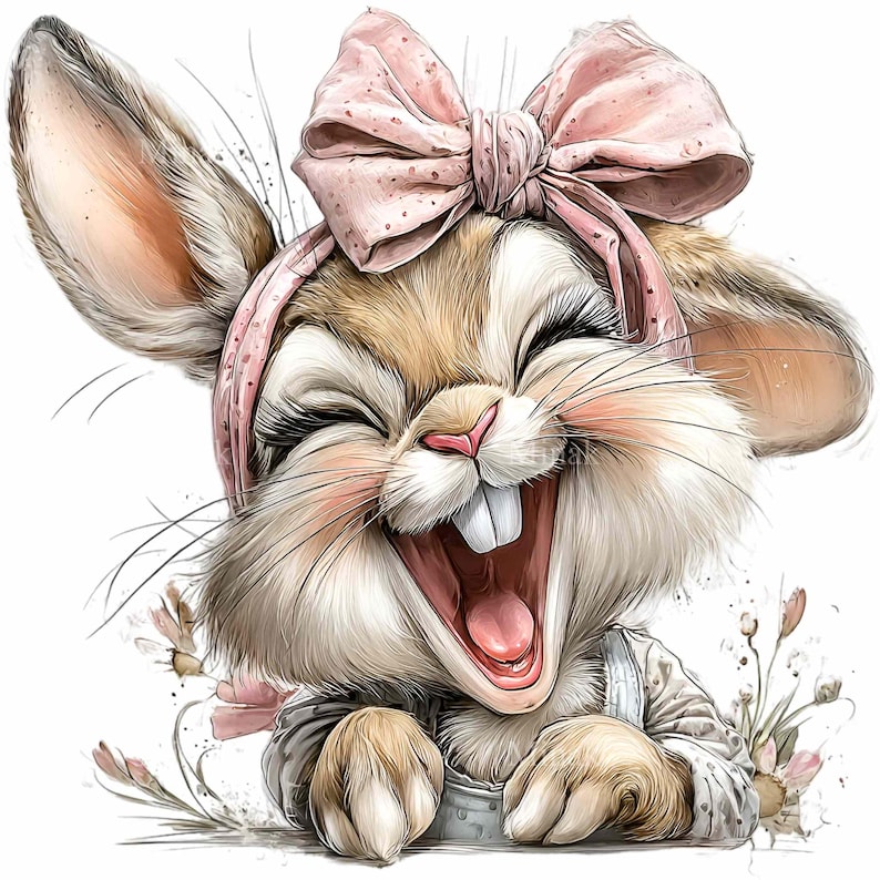 Puede incluir: Ilustraci&oacute;n caprichosa de un conejo riendo, con un lazo y una diadema rosas. El conejo tiene pelaje marr&oacute;n y blanco, largas pesta&ntilde;as y viste un atuendo gris y blanco. Acentos florales rodean al conejo.