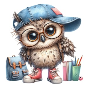 Może przedstawiać: Brązowa i biała sowa w niebieskich okularach, niebieskiej czapce bejsbolowej i czerwonych butach. Sowa nosi niebieski plecak i ma obok siebie stos książek i pojemnik na ołówki.