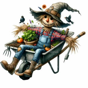 16 Clipart PNG de espantalho engraçado – Cena de jardim de outono com carrinho de mão, abóboras, plantas, pássaros – Download de colheita de outono