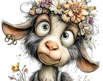 15 couronnes de fleurs amusantes avec des chèvres (PNG), couronne florale avec de grands yeux, animaux de la ferme