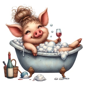12 cerdos relajantes PNG en un baño de burbujas con vino PNG Clipart, descarga digital, ilustración divertida de animales de granja