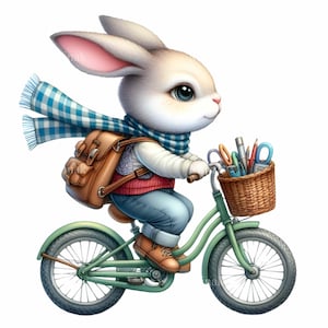 12 PNG Süßer Hase auf dem Fahrrad PNG Clipart - Kaninchen mit Rucksack und Schal Reitrad mit Korb voller Kunstbedarf, Sublimationskunst