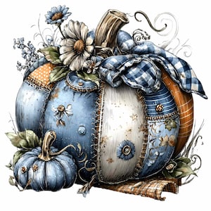 Puede incluir: Ilustraci&oacute;n de una calabaza de patchwork en azul, naranja y blanco. El dise&ntilde;o incorpora parches de tela, adornos florales y una calabaza m&aacute;s peque&ntilde;a. La est&eacute;tica general es r&uacute;stica y artesanal, con atenci&oacute;n al detalle.