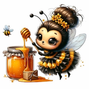 12 PNG Honey girl – Bee PNG clipart – Cute bumblebee with honey jar for kids wall art, baby room decor, nursery printable insect art