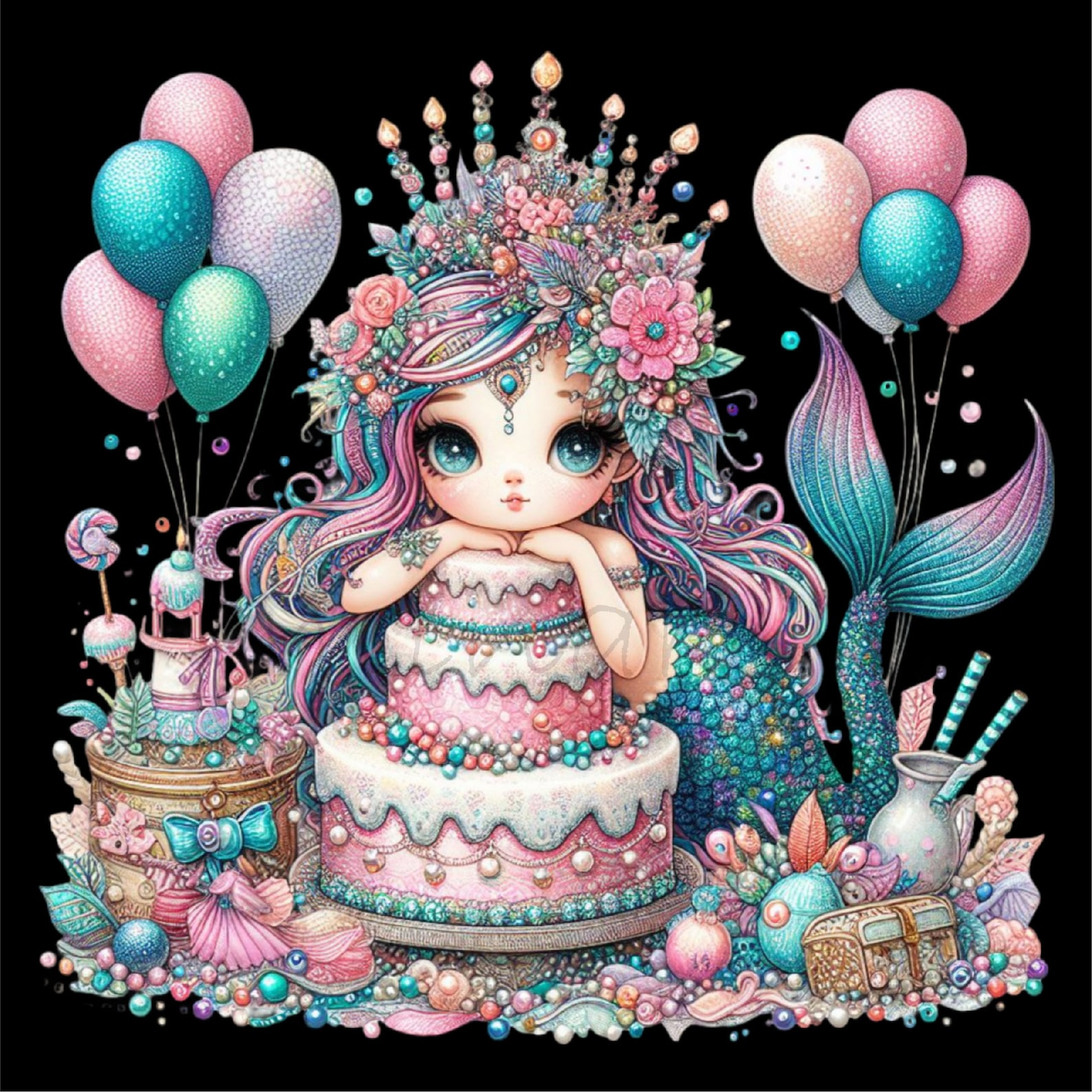 Mermaid Clipart, Birthday Cake Clipart, 14 PNG Watercolor Fairytale ...