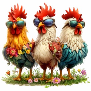 12 cliparts PNG cool de coqs - poulets de dessin animé avec des lunettes de soleil et des accents floraux - art numérique amusant d'animaux de ferme