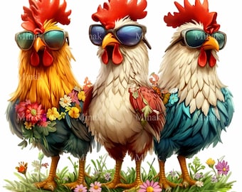 12 Cool Roosters PNG Clipart - Cartoon Chickens with Sunglasses and Floral Accents - Fun Farm Animal Digital Art