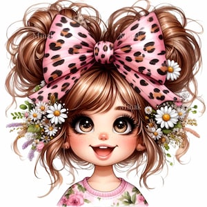 12 Cute Girl PNG Clipart, Smiling Girl with Pink Leopard Bow and Flowers, Spring Floral Girl Sublimation, Happy Kids Digital Art